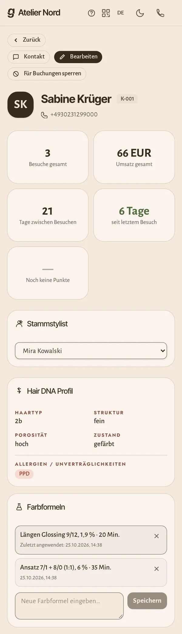 Die Kundenakte am Handy: Besuche, Umsatz und die Angaben, die dein Gewerk braucht.