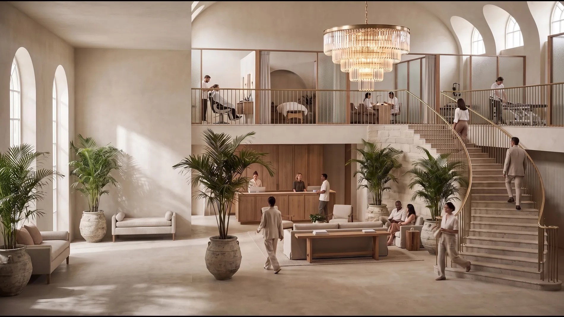 A large salon with a grand staircase, chandelier, and palm trees; stylists work at several stations on the gallery