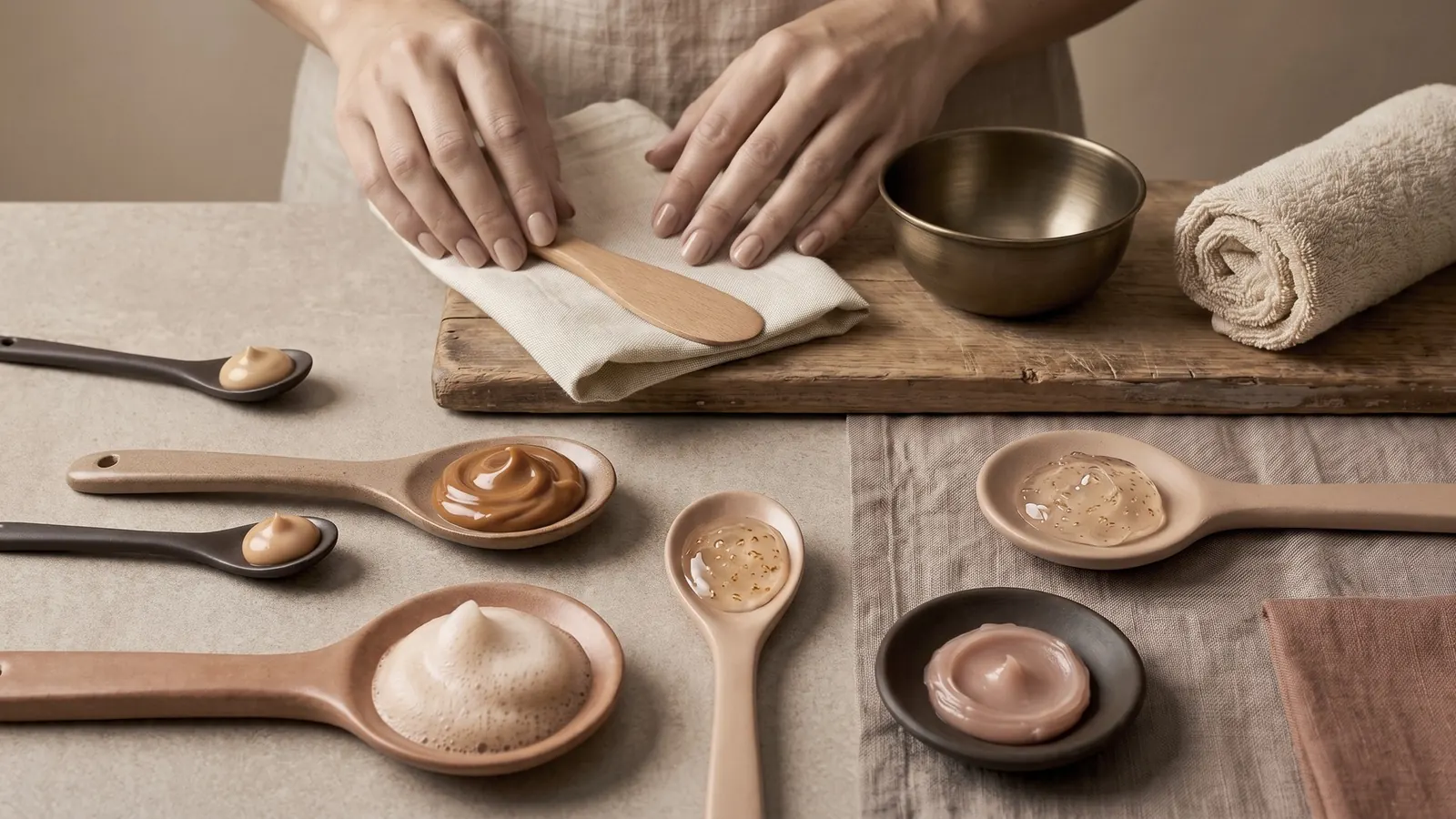 Ceramic spoons and small bowls with cream, balm, and gel, two hands arranging a linen cloth
