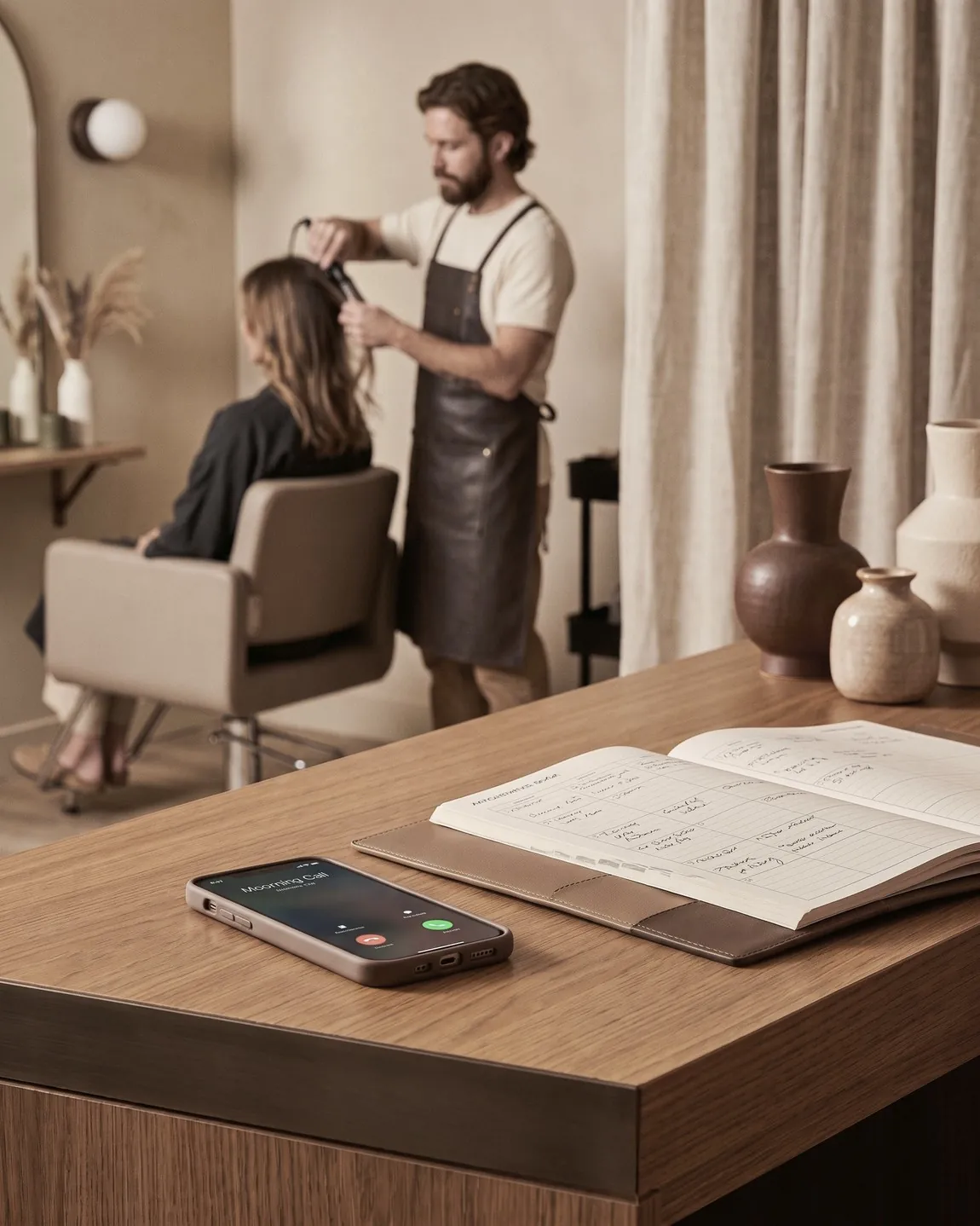 A smartphone with an incoming call on the reception desk, while a stylist does a client's hair in the background