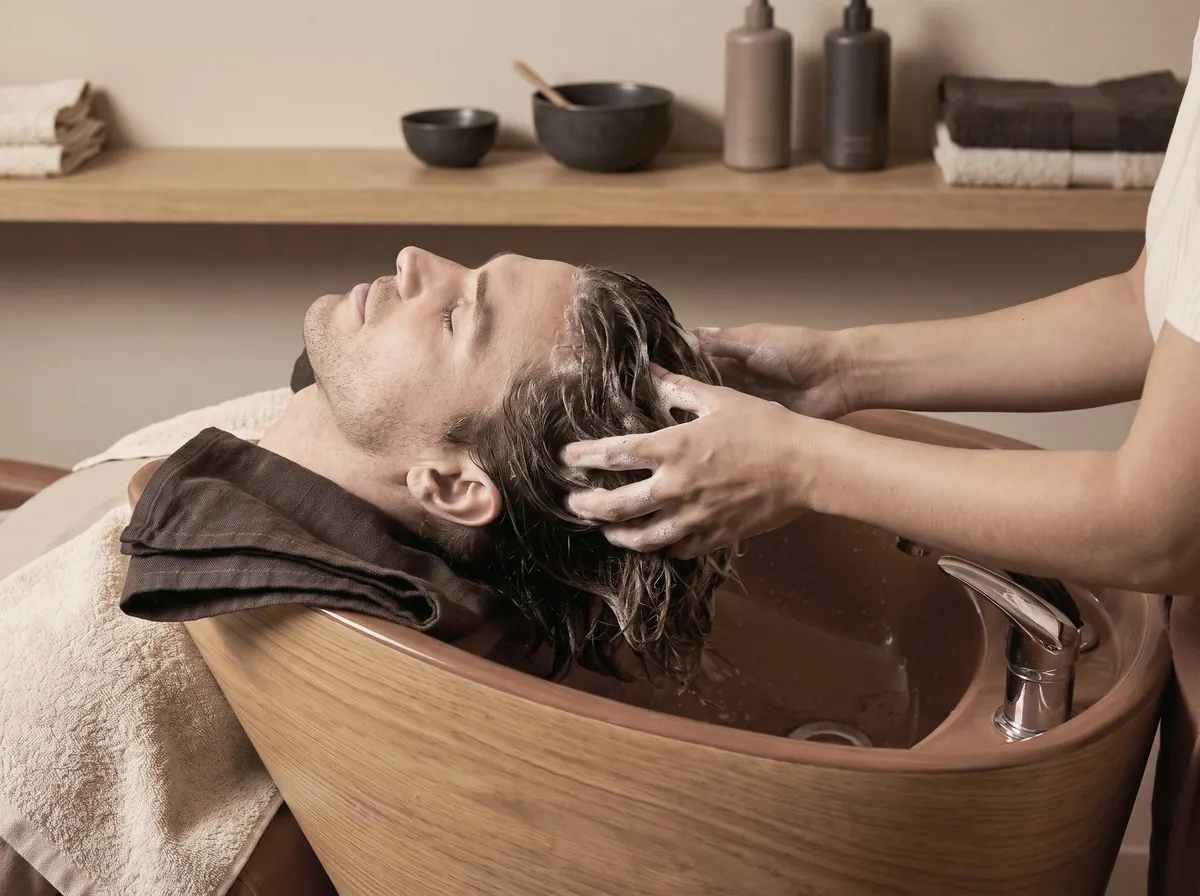 A client at the washbasin with two hands shampooing his hair