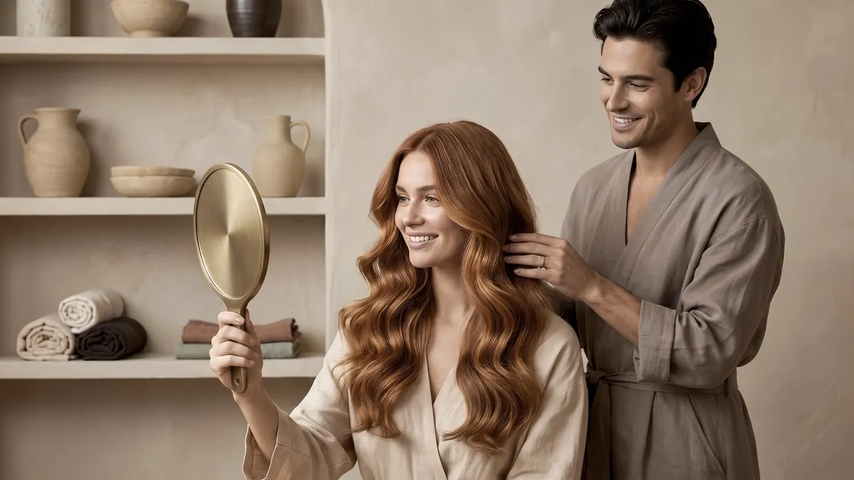 A client with freshly styled waves smiling into a hand mirror while the stylist stands beside her