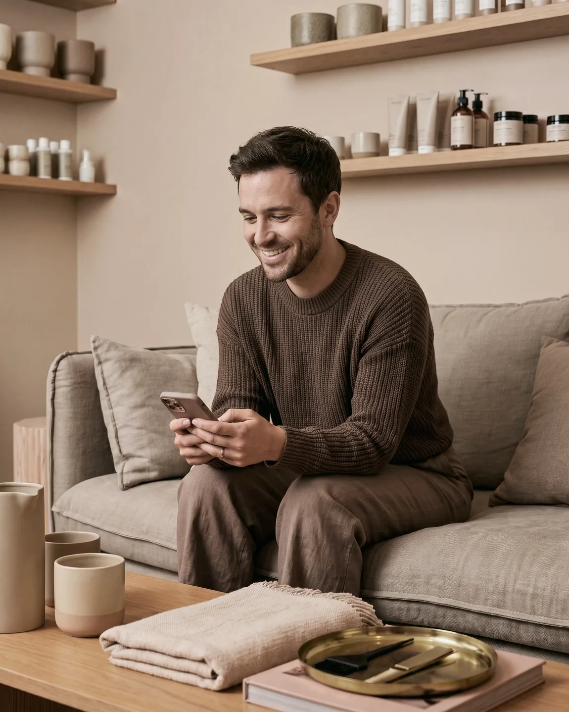 A salon owner sitting relaxed on the sofa, smiling at his phone