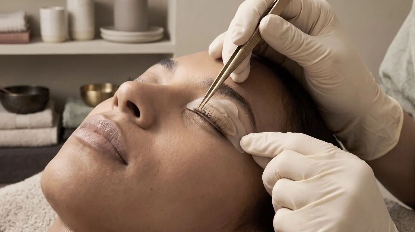 Lash lift: gloved hands working with tweezers on a client's closed eye