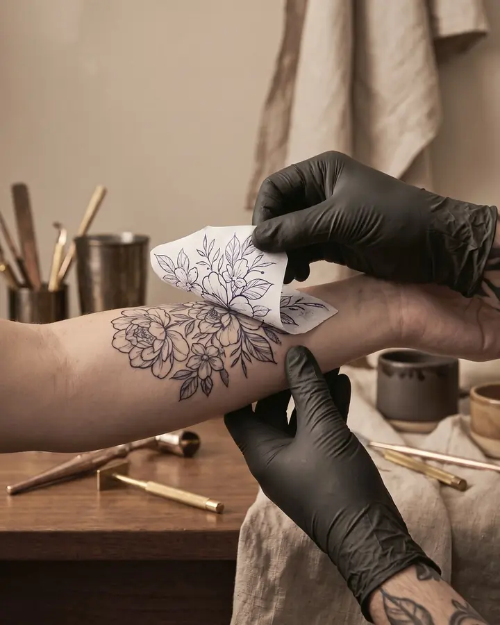 A floral tattoo stencil being placed on a forearm