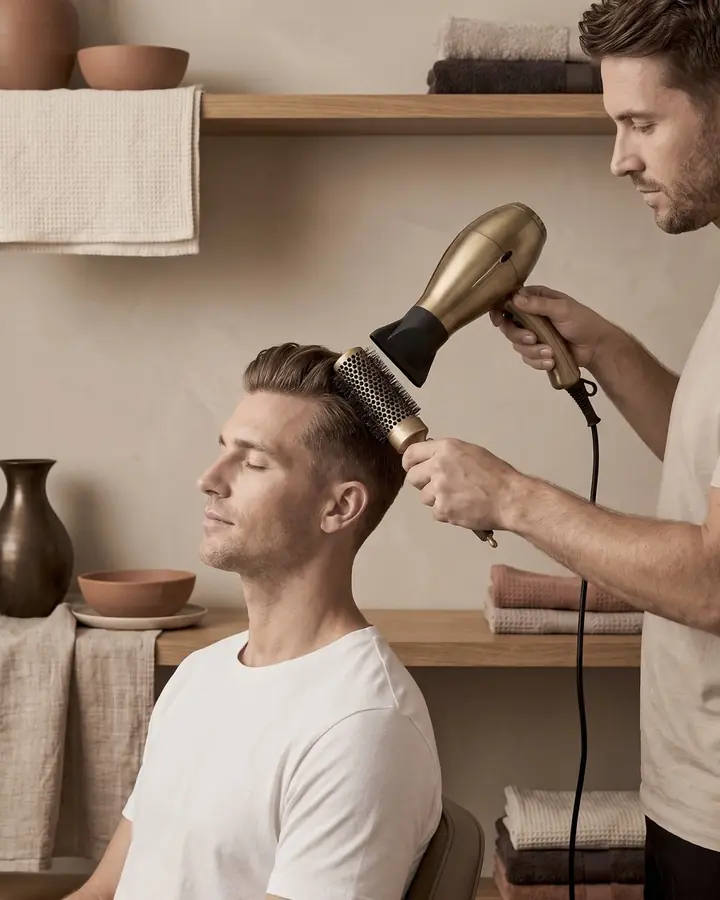 Barber suszy klientowi włosy suszarką