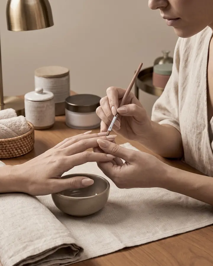 Eine Nageldesignerin feilt die Nägel einer Kundin