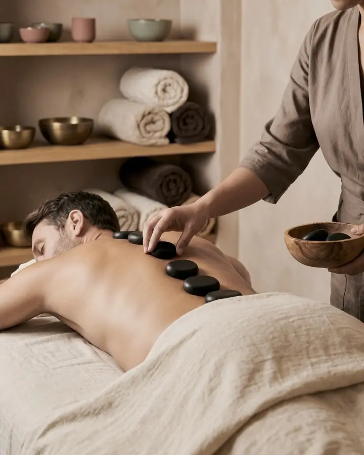 Ein Masseur legt einem Gast warme Steine auf den Rücken