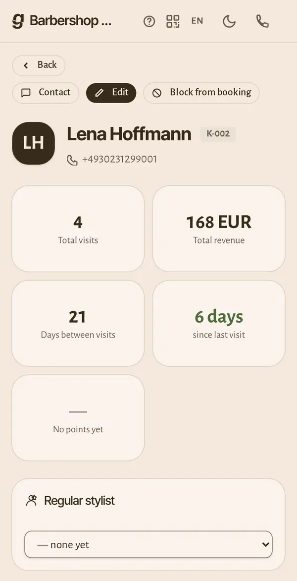 The client file on your phone: visits, revenue and the details your trade needs.