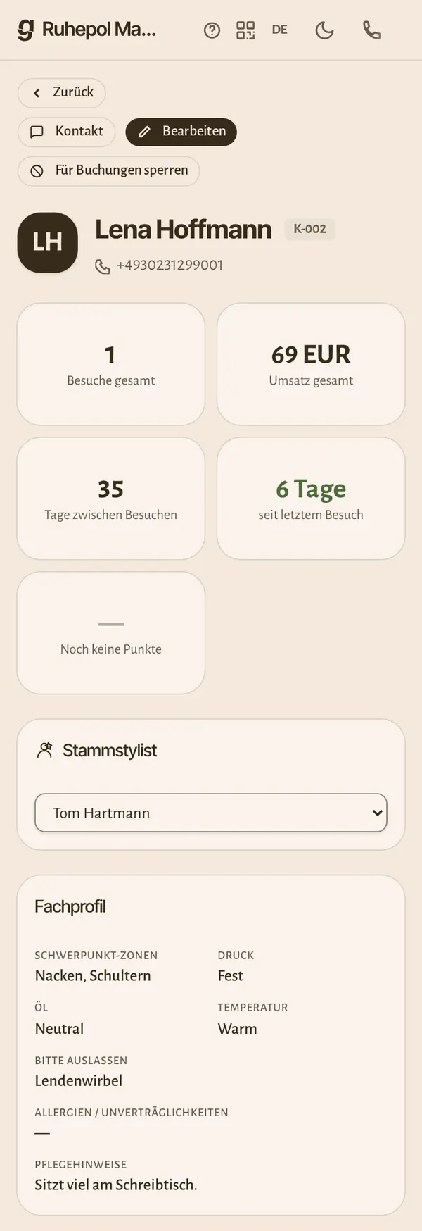 Die Kundenakte am Handy: Besuche, Umsatz und die Angaben, die dein Gewerk braucht.