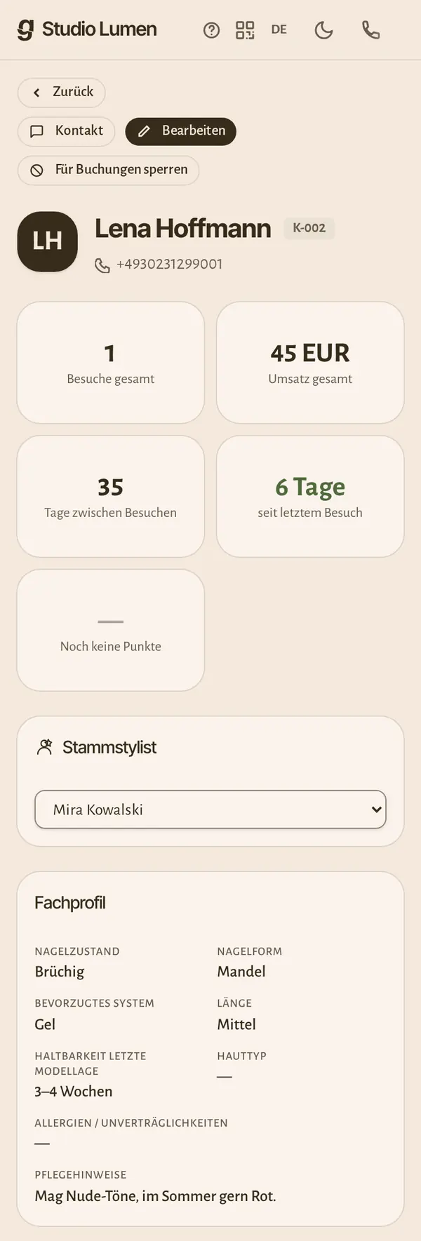 Die Kundenakte am Handy: Besuche, Umsatz und die Angaben, die dein Gewerk braucht.